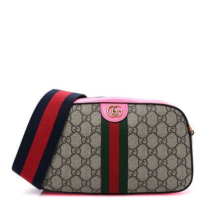 Gucci GG Supreme Monogram Textured Dollar Calfskin Web Ophidia Small Crossbody Bag Beige Ebony Fuchsia 1 of 10