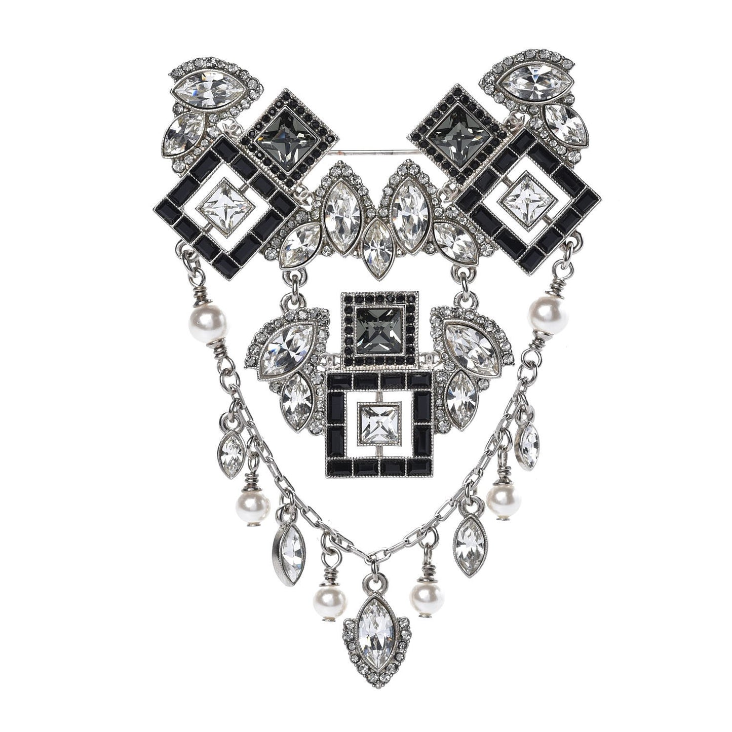 Baguette Crystal Pearl CC Brooch Silver Black