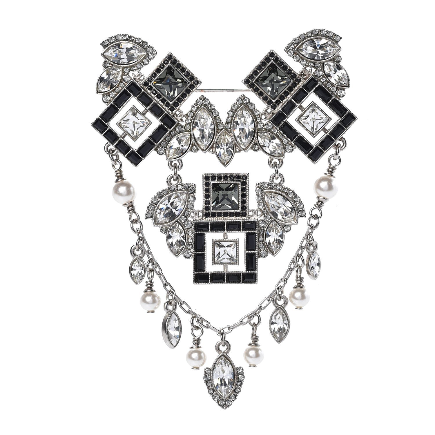 Chanel Baguette Crystal Pearl CC Brooch Silver Black 1 of 5