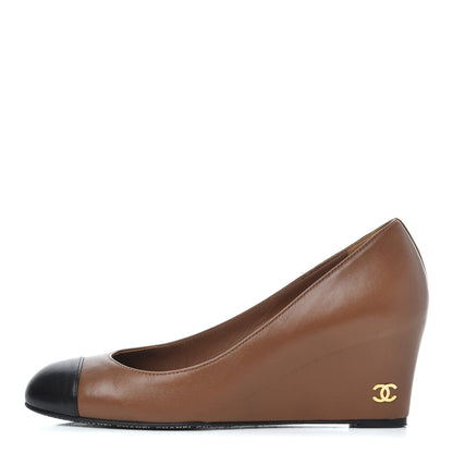 Chanel Lambskin Cap Toe Wedges 36 Brown Black 1 of 21