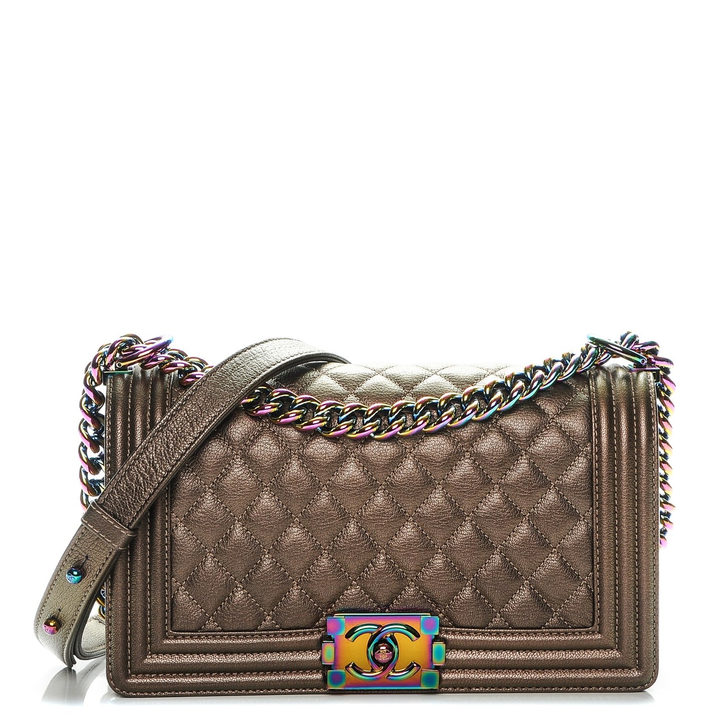 Iridescent Goatskin Quilted Medium Boy Flap Dark Gold