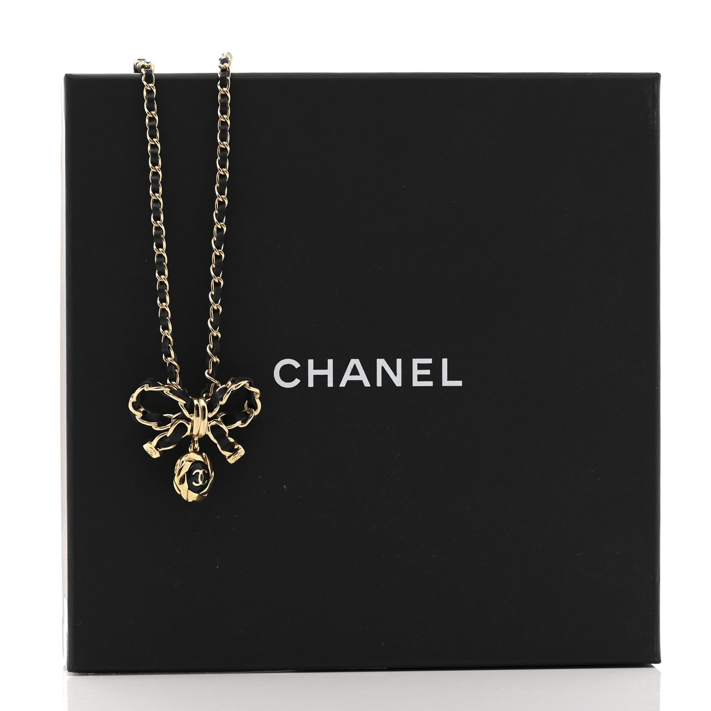 Metal Lambskin Chain CC Bow Necklace Black Gold
