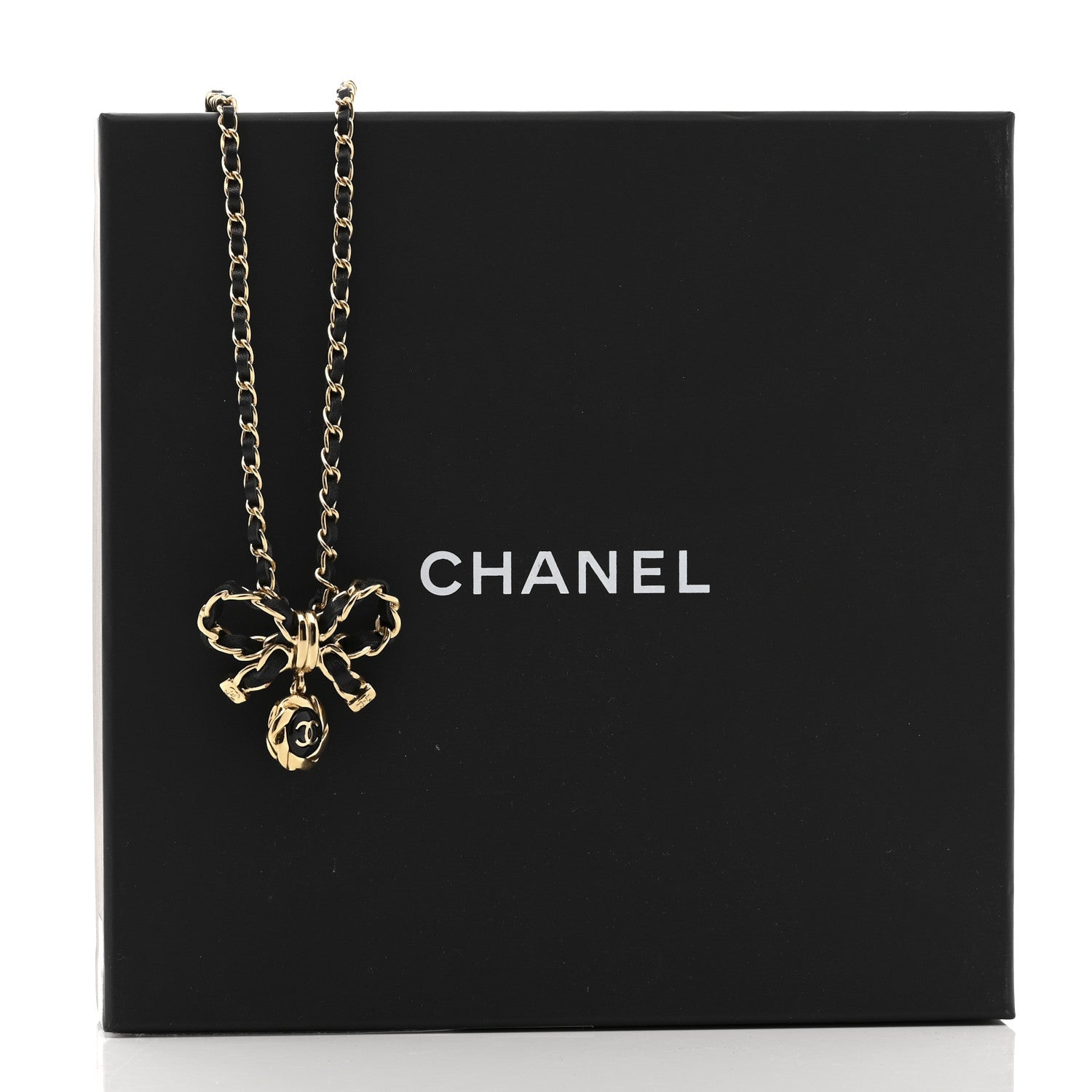 Chanel Metal Lambskin Chain CC Bow Necklace Black Gold 7 of 7