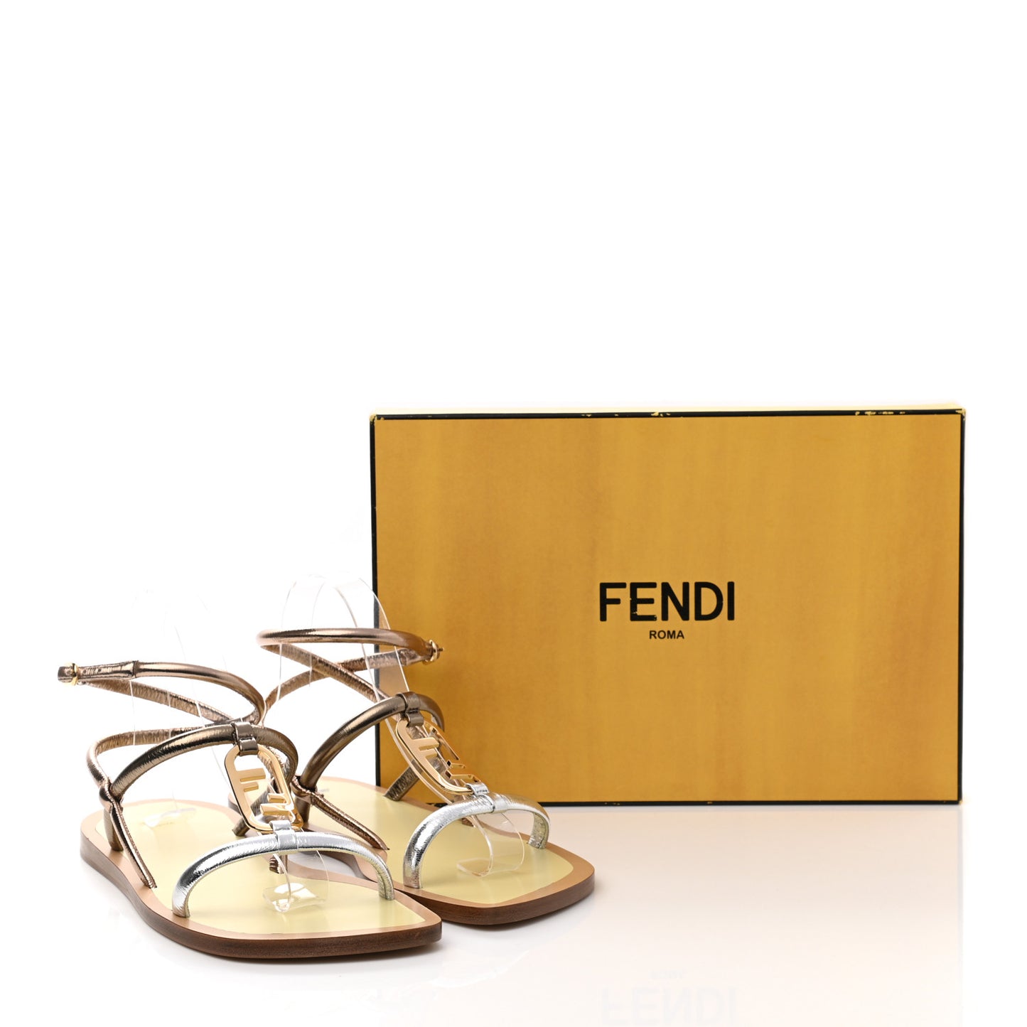 Metallic Nappa Fendi O'Lock Gladiator Flat Sandals 38 Argento Stagno Champagne
