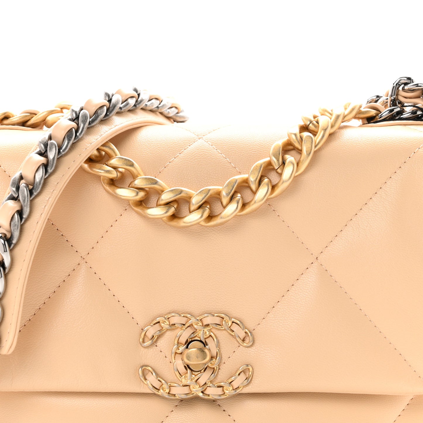 Shiny Goatskin Quilted Medium Chanel 19 Flap Beige
