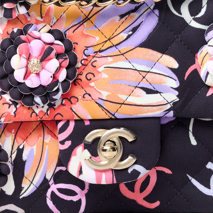 Chanel Printed Fabric Quilted Camellia Flap Black Multicolor 10 of 12