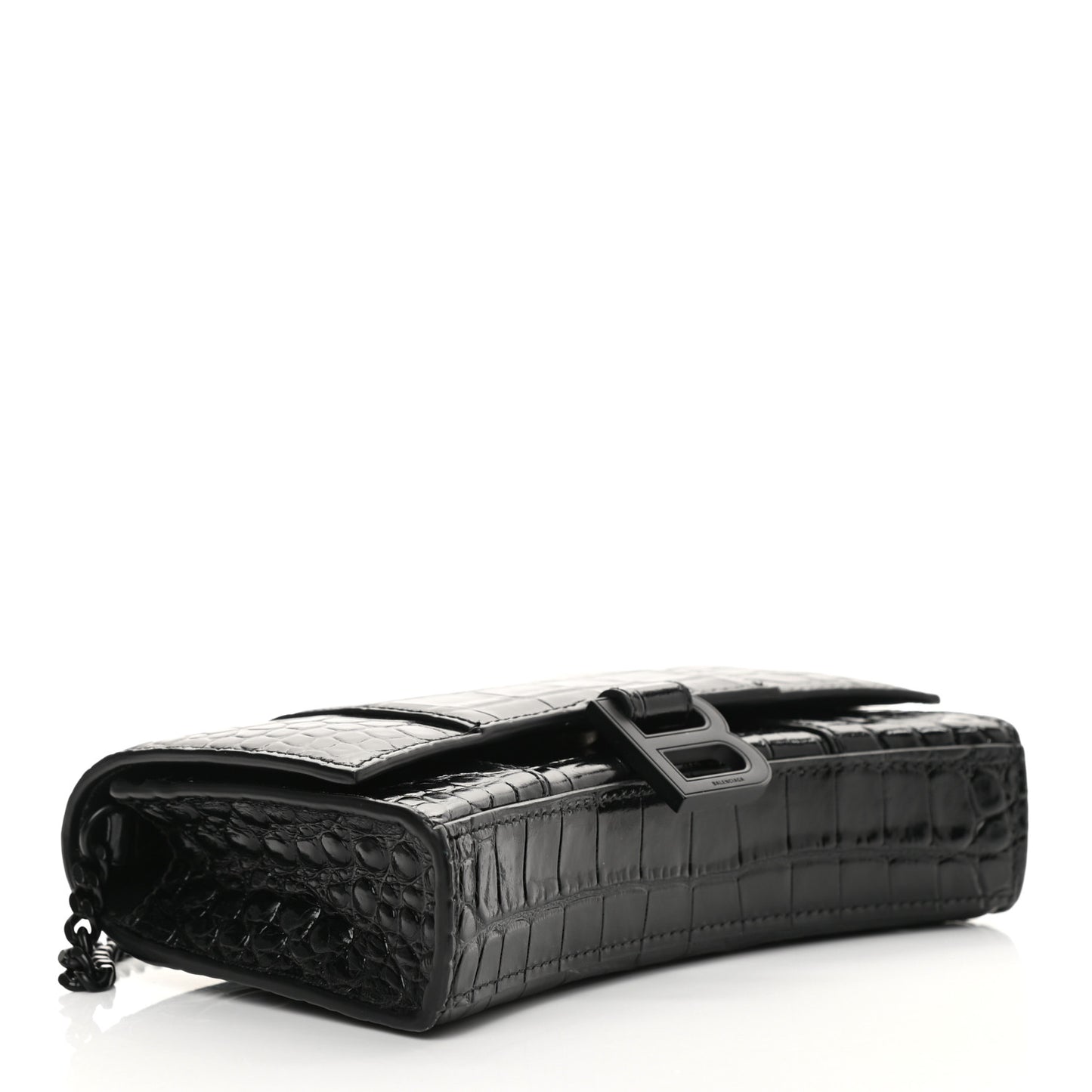 Shiny Calfskin Monochrome Crocodile Embossed Hourglass Chain Bag Black