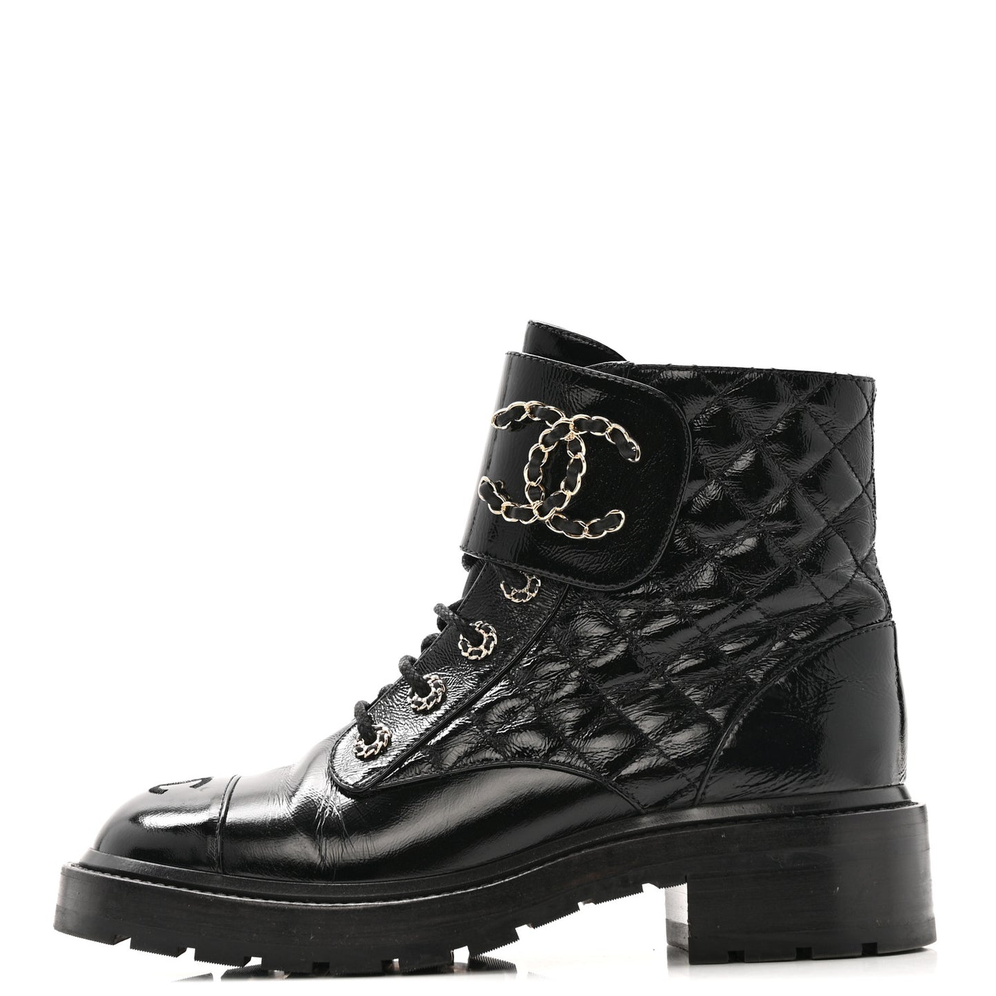 Shiny Calfskin Quilted Lace Up Combat Boots 39 Black