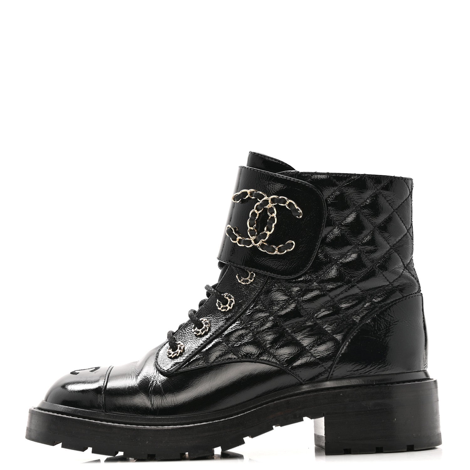 Chanel Shiny Calfskin Quilted Lace Up Combat Boots 39 Black 1 of 9