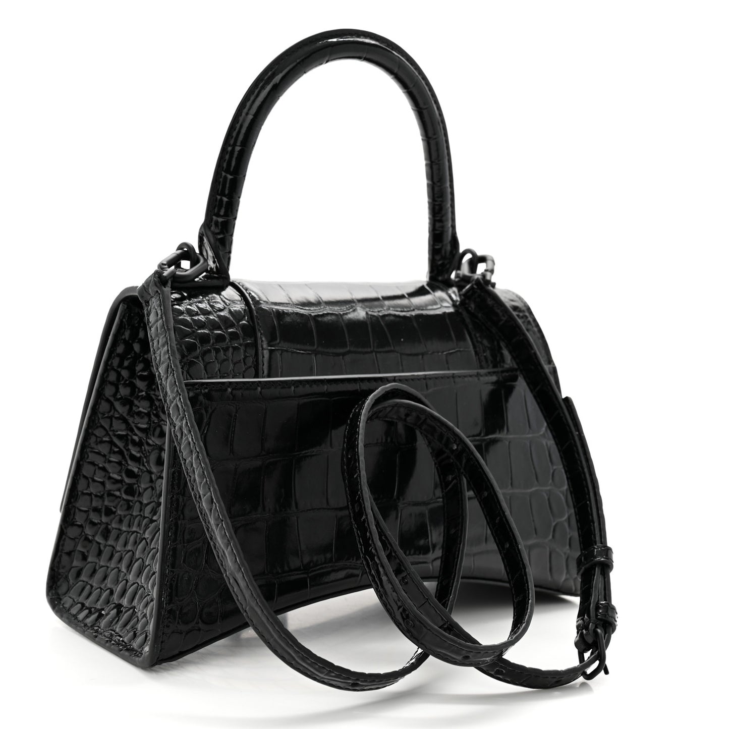 Shiny Calfskin Monochrome Crocodile Embossed Small Hourglass Top Handle Bag Black
