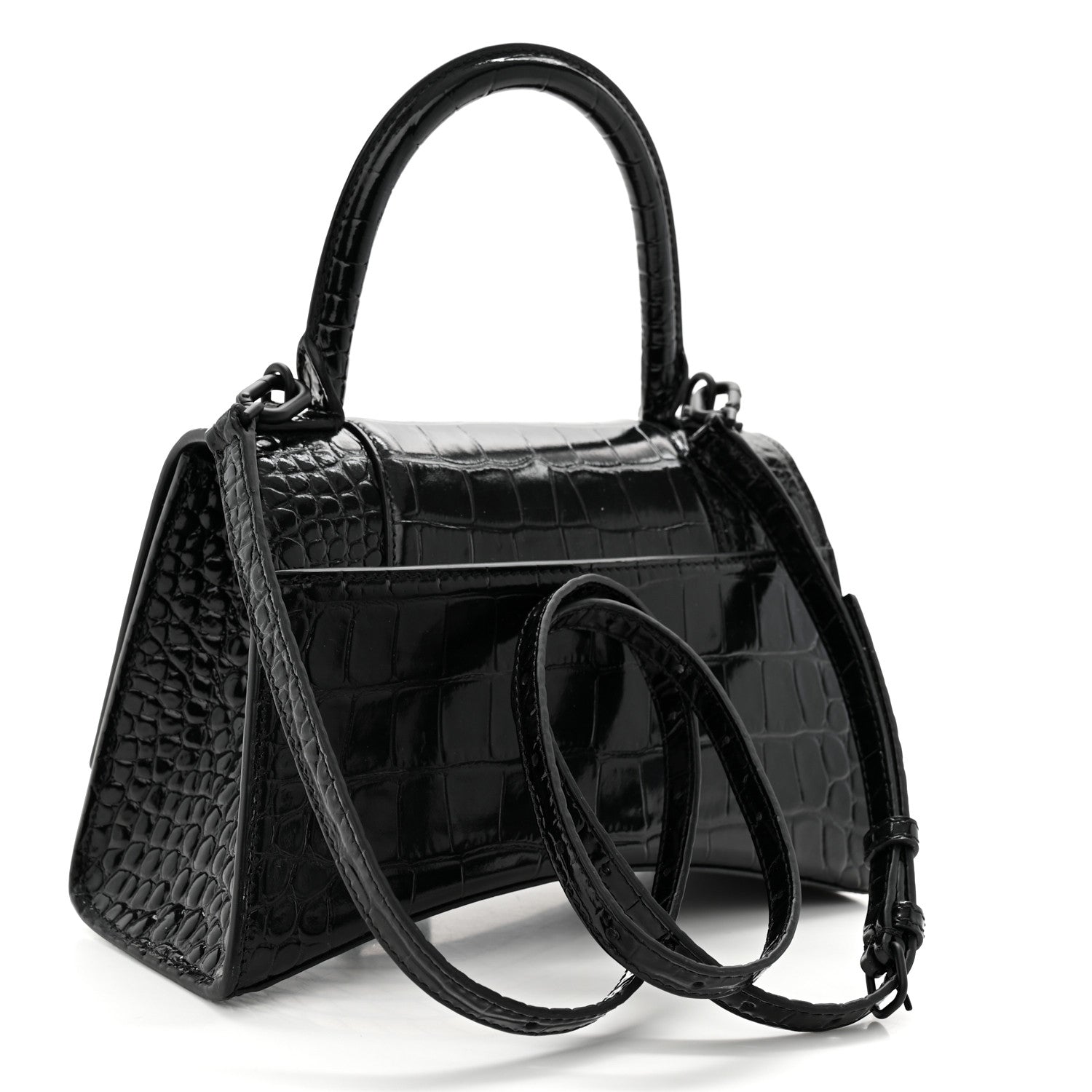 Balenciaga Shiny Calfskin Monochrome Crocodile Embossed Small Hourglass Top Handle Bag Black 3 of 11
