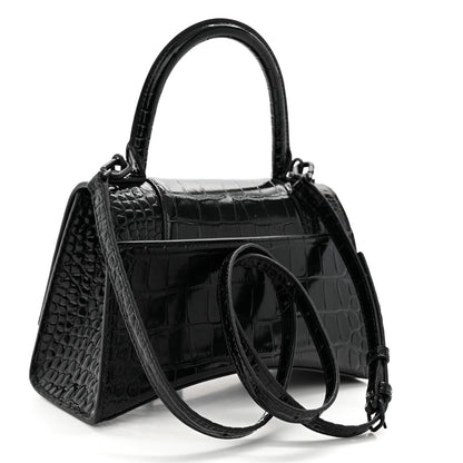 Balenciaga Shiny Calfskin Monochrome Crocodile Embossed Small Hourglass Top Handle Bag Black 3 of 11