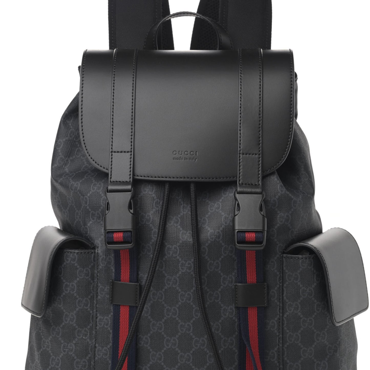 Soft GG Supreme Monogram Appia Calfskin Web Double Buckle Backpack Black