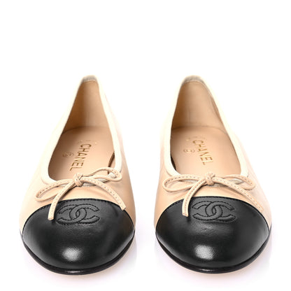Chanel Lambskin Cap Toe CC Ballerina Flats 39.5 Beige Black 2 of 8