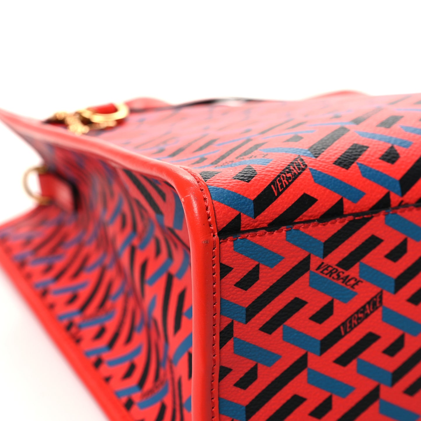 Coated Canvas Calfskin La Greca Signature Tote Bag Blue Red