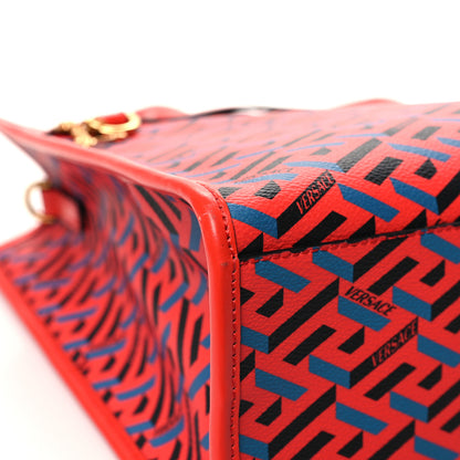 Versace Coated Canvas Calfskin La Greca Signature Tote Bag Blue Red 8 of 11
