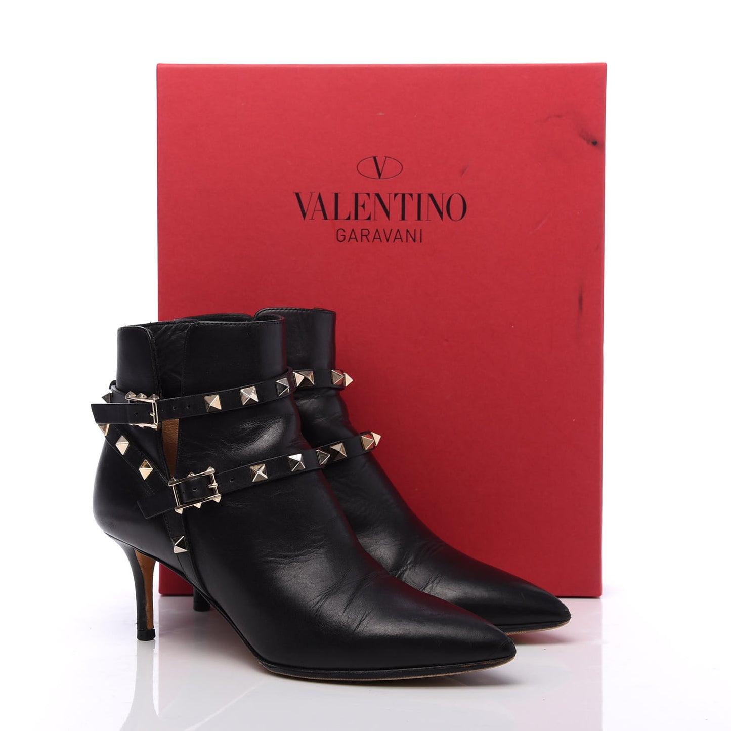 Calfskin Rockstud Double Buckle 65mm Ankle Boots 36 Black