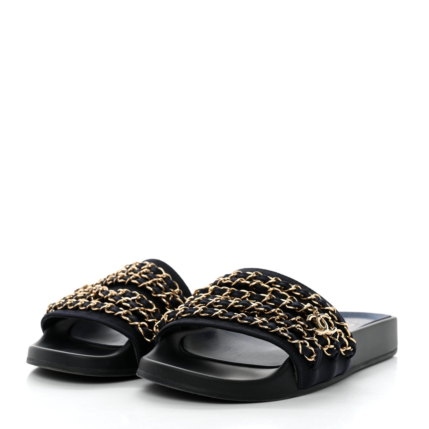 Satin Canvas Chain Slides Sandals Flats 38 Marine