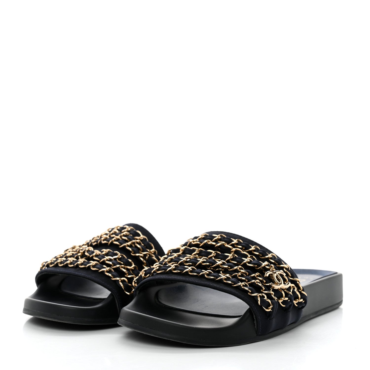 Chanel Satin Canvas Chain Slides Sandals Flats 38 Marine 3 of 9