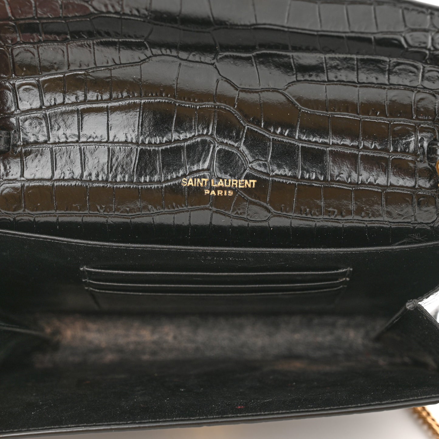 Calfskin Crocodile Embossed Monogram Cassandra Chain Wallet Black