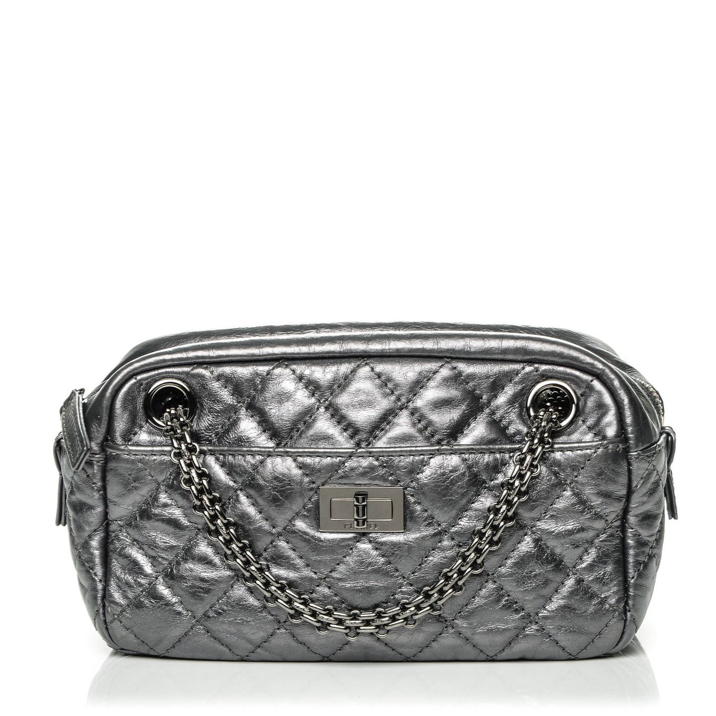 Metallic Aged Calfskin Quilted Small Reissue Camera Case Dark Silver