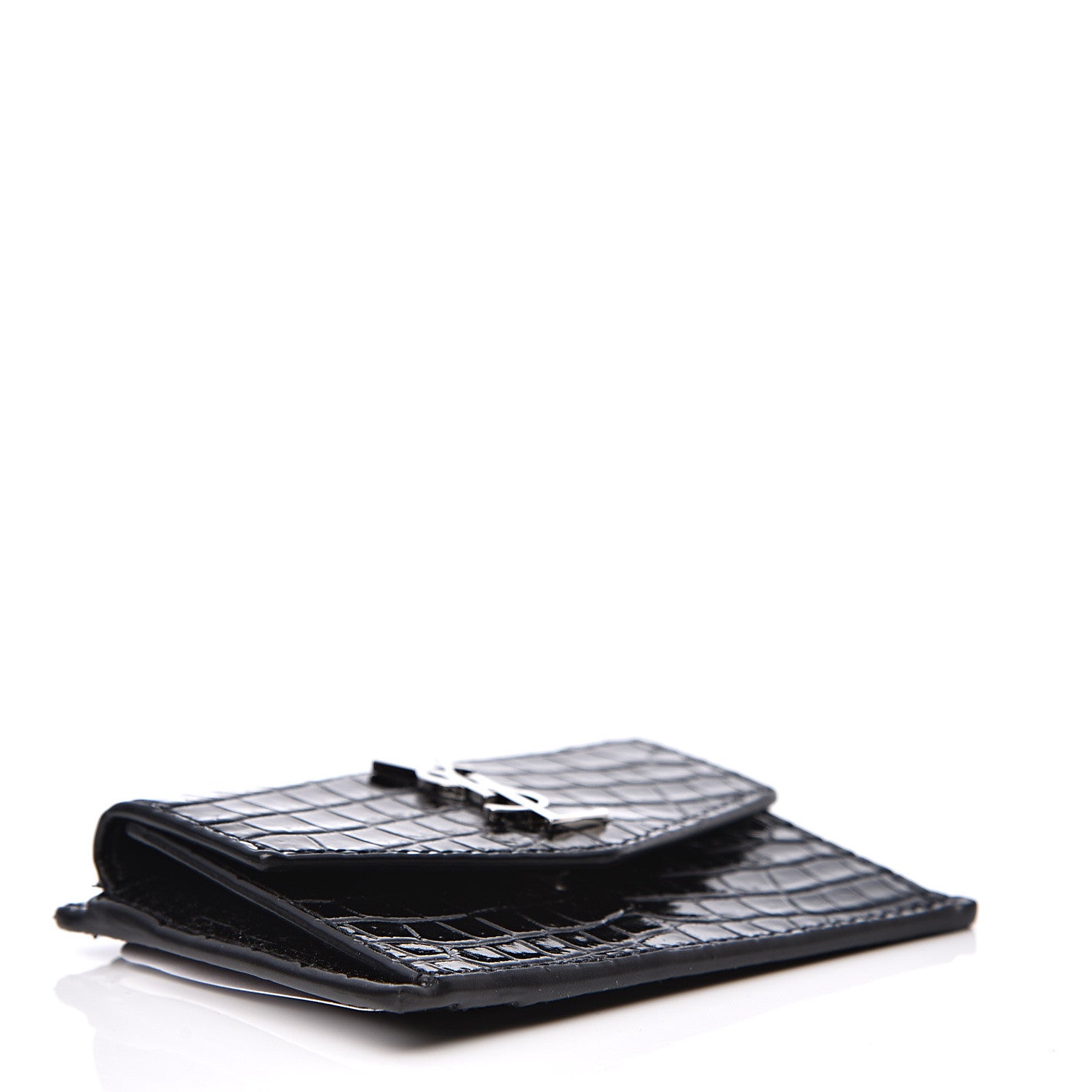 Saint Laurent Calfskin Crocodile Embossed Uptown Monogram Card Case Black 3 of 5