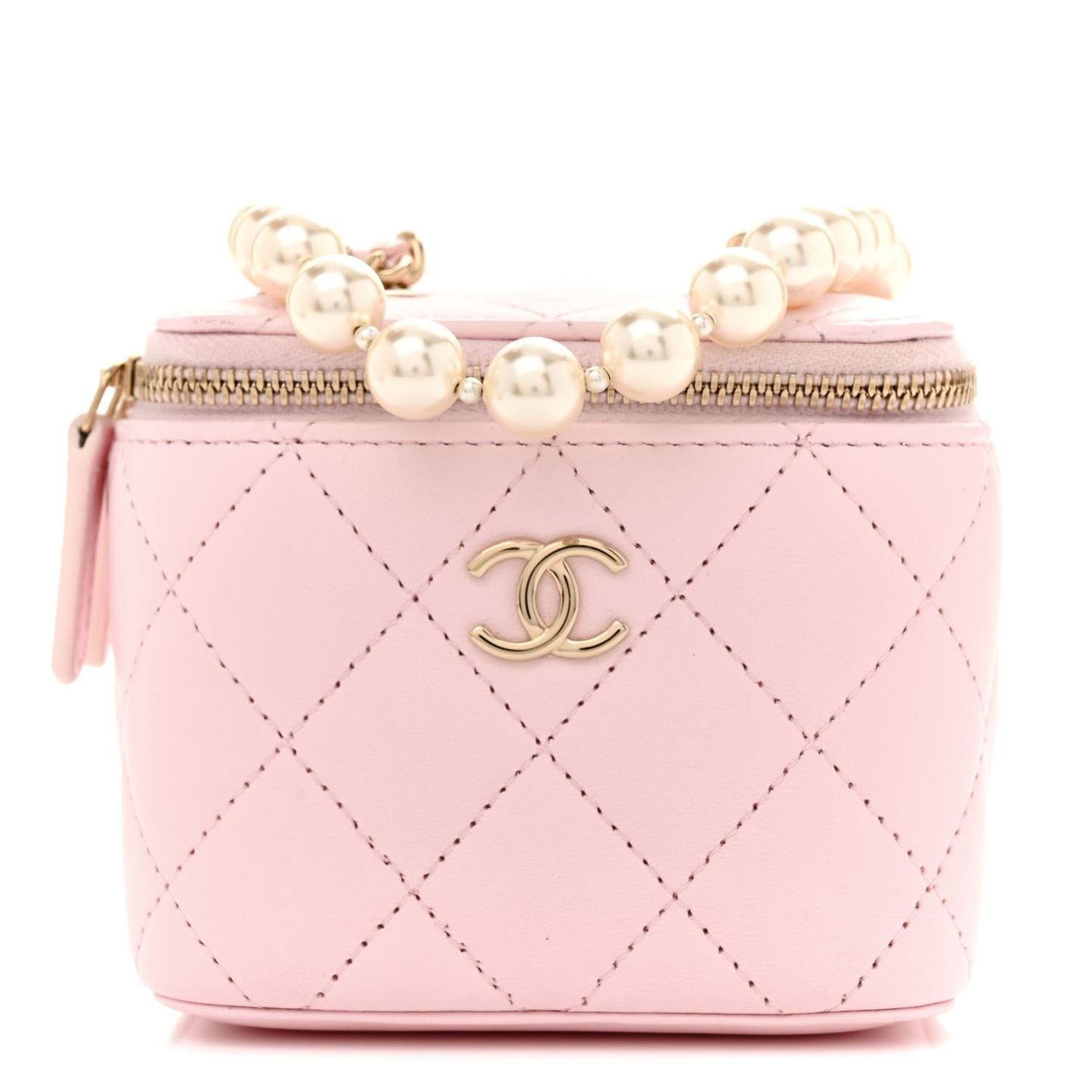 Lambskin Quilted Mini Vanity Case With Pearl Chain Light Pink