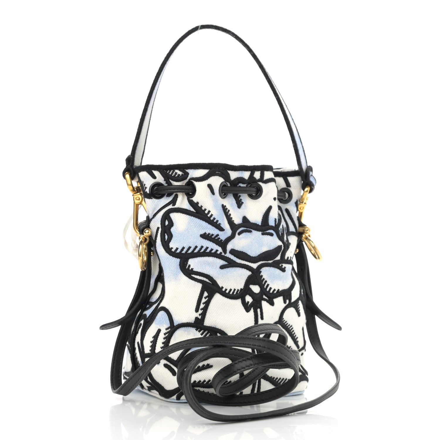 Fendi X JOSHUA VIDES Fabric Flower Clouds Embroidered Mini Mon Tresor Bucket Bag White Celeste Black 3 of 13
