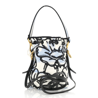 Fendi X JOSHUA VIDES Fabric Flower Clouds Embroidered Mini Mon Tresor Bucket Bag White Celeste Black 3 of 13