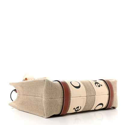 Chloe Linen Calfskin Small Woody Ribbon Tote With Strap White Brown 4 of 10