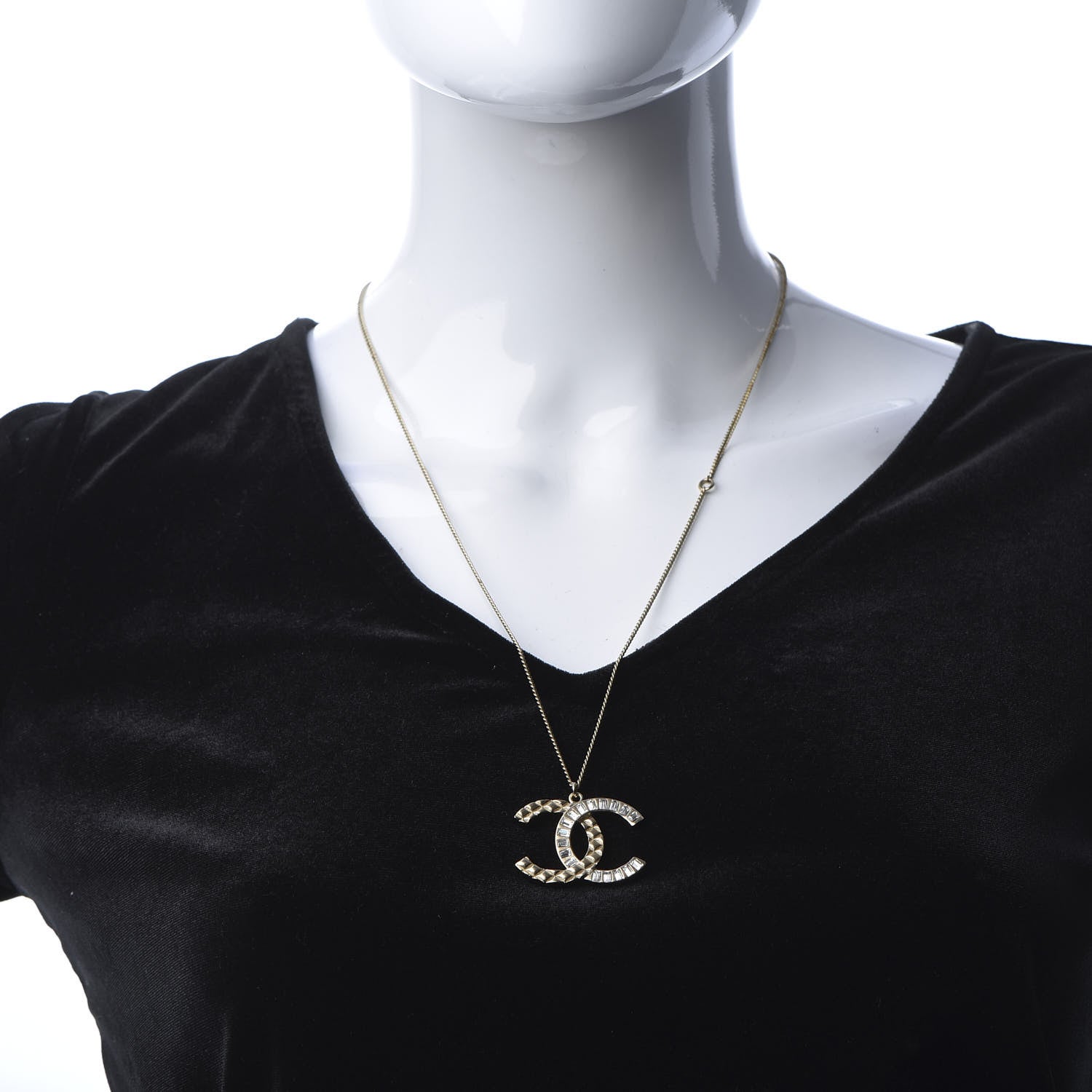 Chanel Baguette Crystal Quilted CC Pendant Necklace Gold 2 of 6