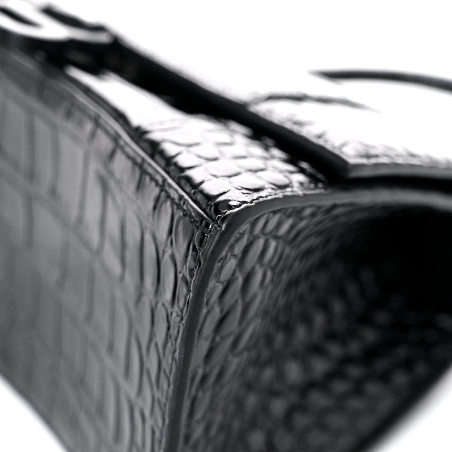 Shiny Calfskin Monochrome Crocodile Embossed Small Hourglass Top Handle Bag Black