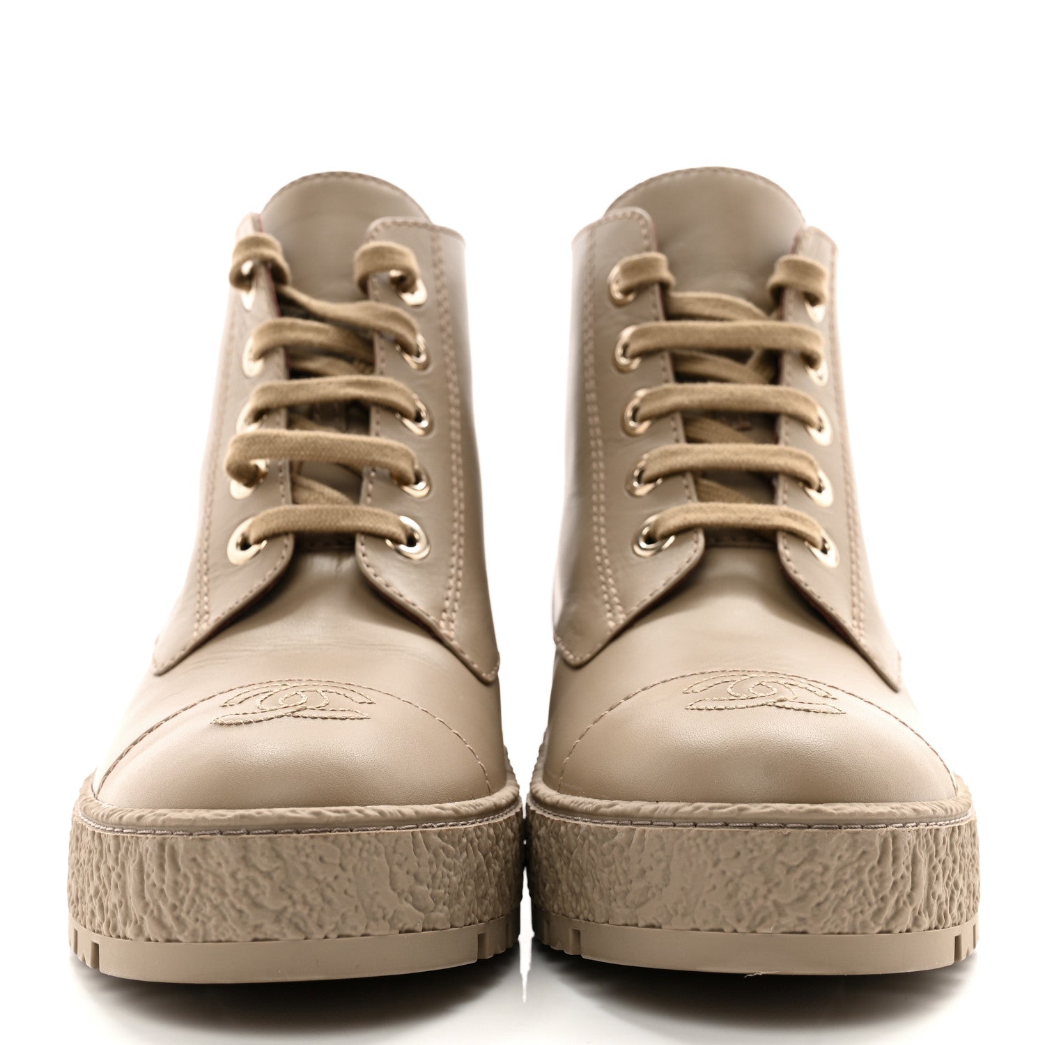 Chanel Calfskin CC Turnlock Lace Up Boots 39 Beige 2 of 9