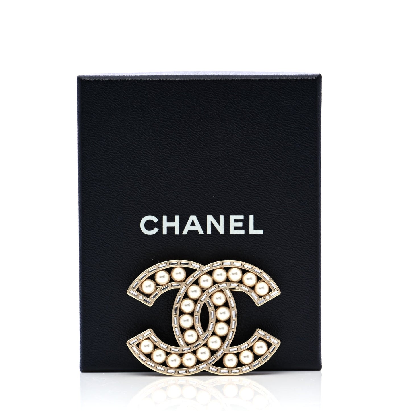 Crystal Baguette Pearl CC Brooch Gold