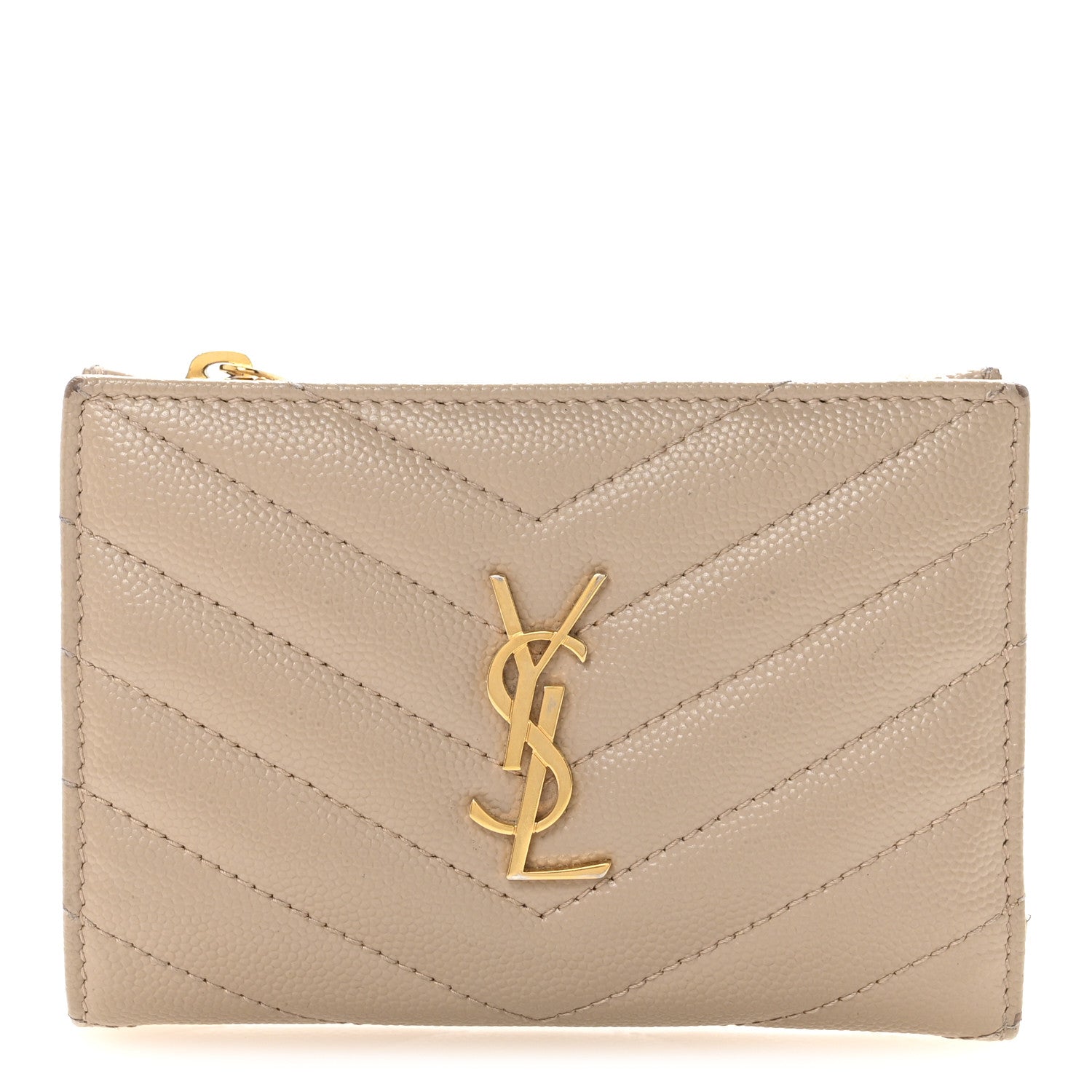 Saint Laurent Grain De Poudre Matelasse Chevron Cassandre Fragments Zipperred Bi-Fold Wallet Dark Beige 1 of 7