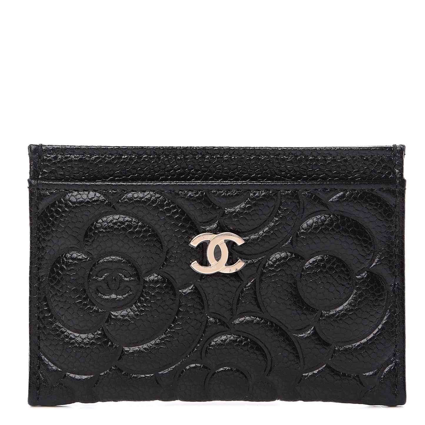Caviar Camellia Embossed Card Holder Black