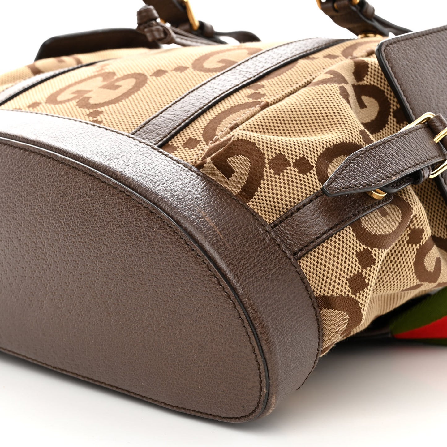 Monogram Jumbo GG Textured Dollar Calfskin Web Double Buckle Backpack Camel Ebony New Acero