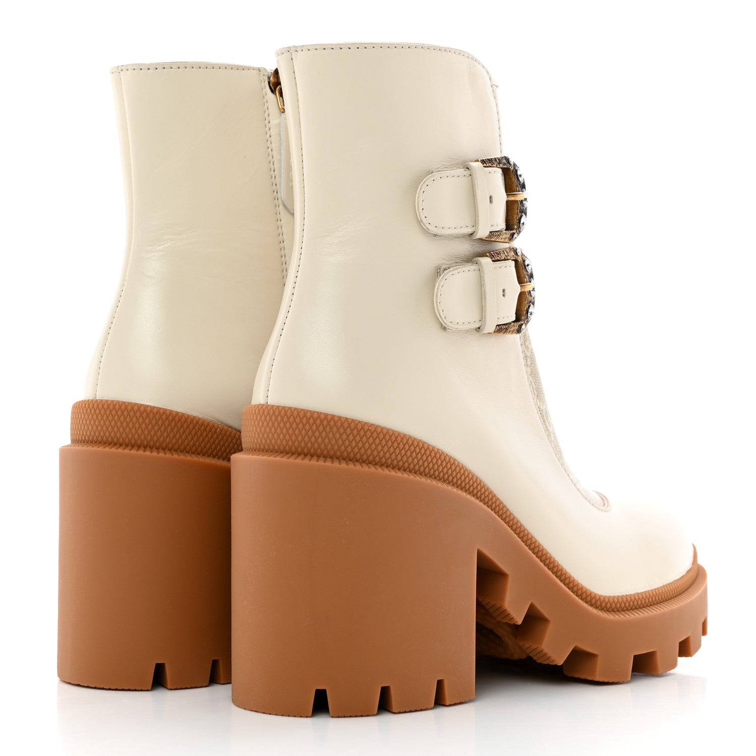 Gucci Kensington Calfskin Nappa GG Supreme Monogram Womens Double Buckle Ankle Boots 36.5 Mystic White Beige 4 of 14