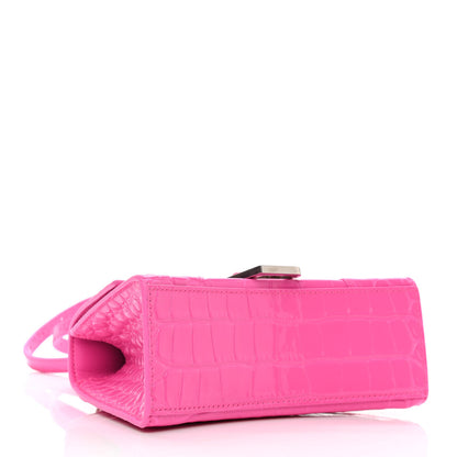 Balenciaga Shiny Calfskin Crocodile Embossed Hourglass Top Handle Bag XS Neon Pink 4 of 12