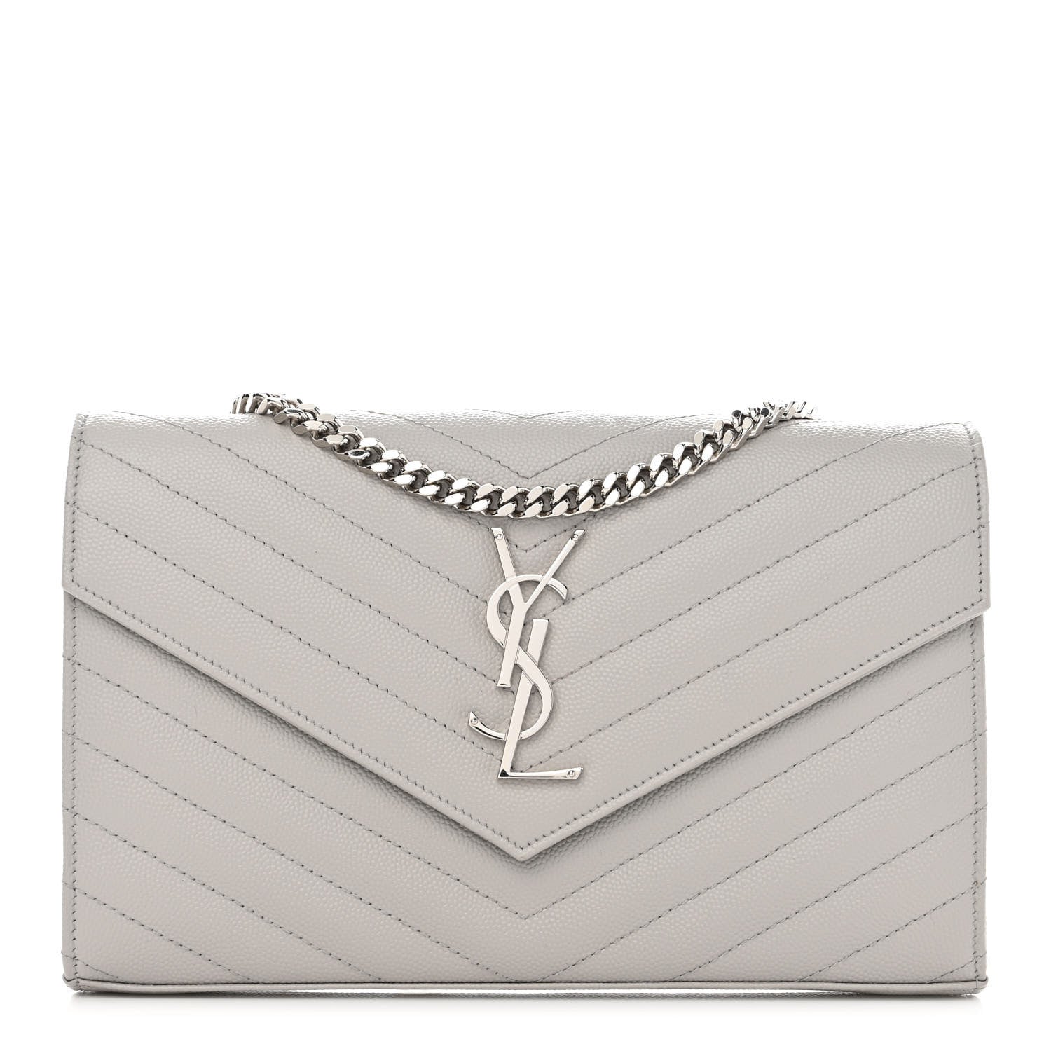 Saint Laurent Grain De Poudre Matelasse Chevron Monogram Chain Wallet Light Grey 1 of 12