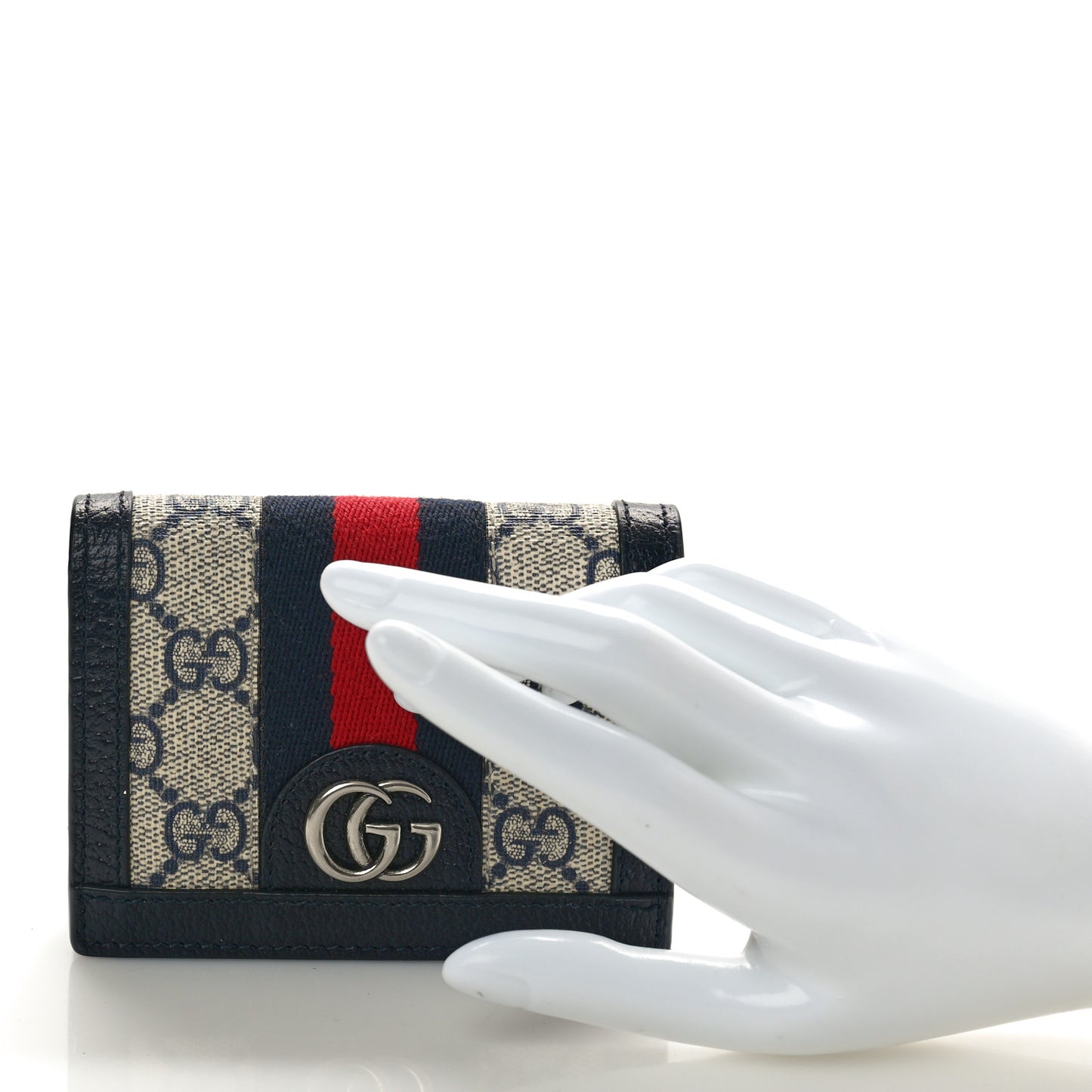 GG Supreme Monogram Textured Dollar Calfskin Web Ophidia Card Case Beige Blue
