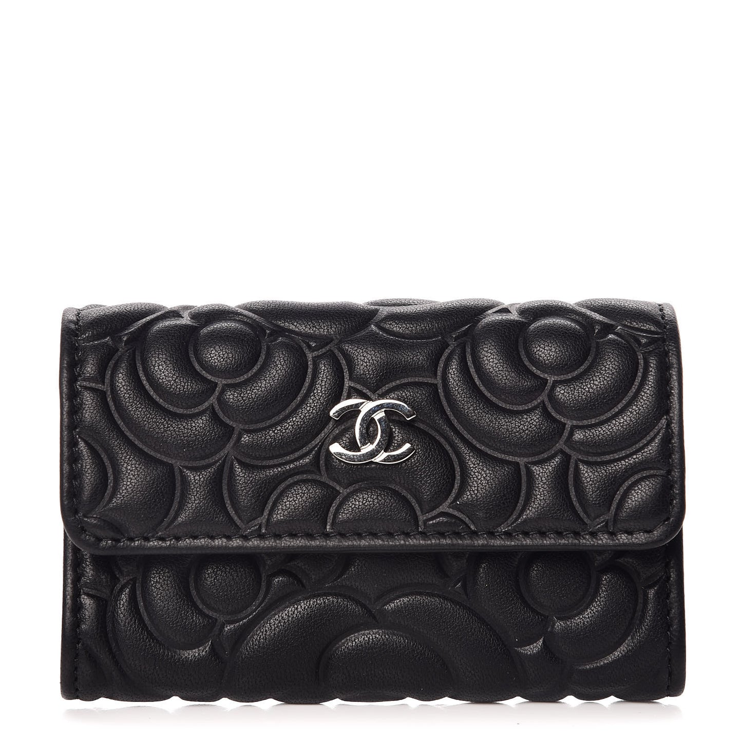Lambskin Camellia Embossed Card Holder Wallet Black