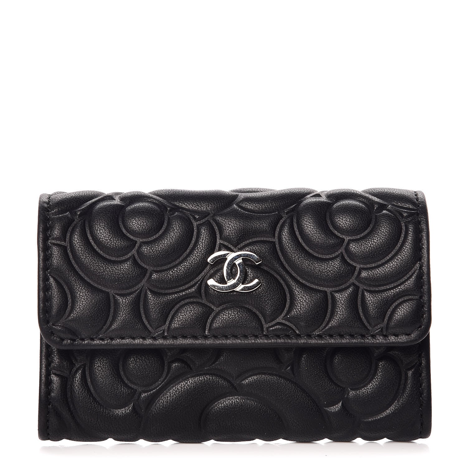 Chanel Lambskin Camellia Embossed Card Holder Wallet Black 1 of 9