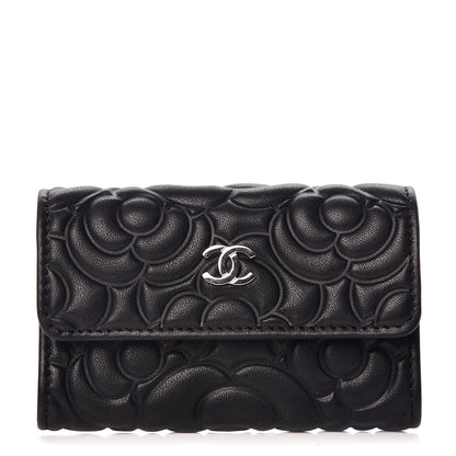 Chanel Lambskin Camellia Embossed Card Holder Wallet Black 1 of 9