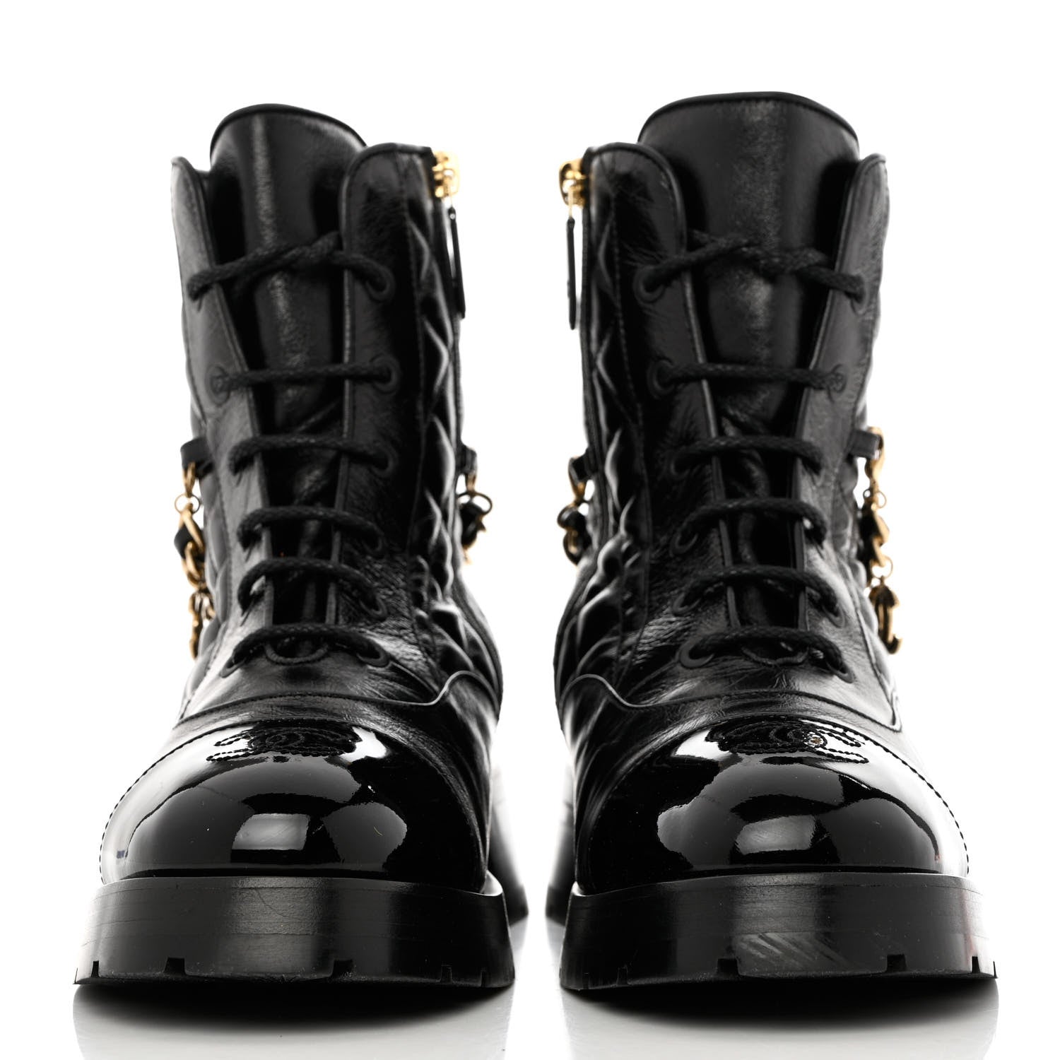 Chanel Shiny Calfskin Patent Quilted Chain Lace Up Combat Boots 40 Black 2 of 9