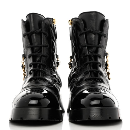 Chanel Shiny Calfskin Patent Quilted Chain Lace Up Combat Boots 40 Black 2 of 9