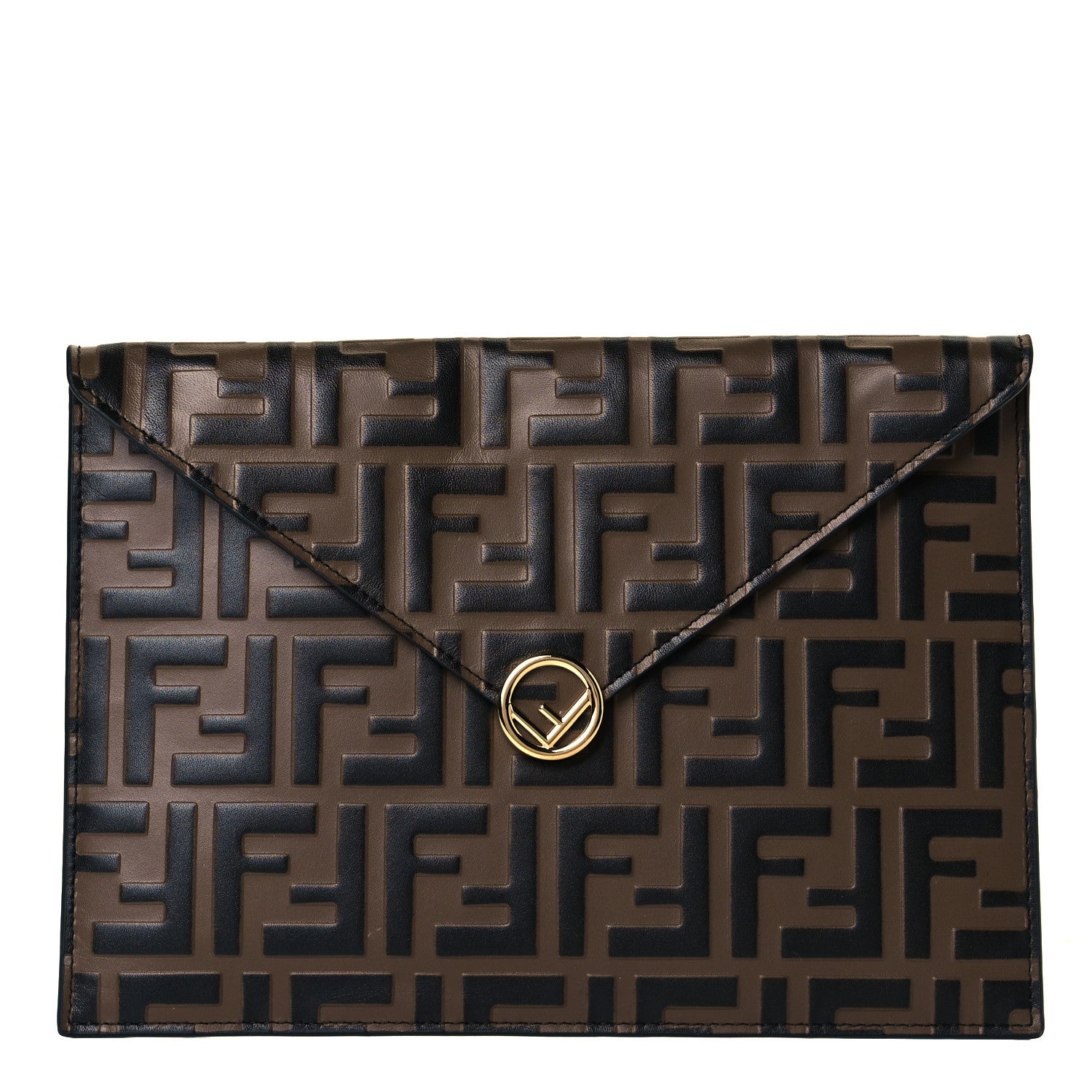 Fendi Vitello Soft F is Fendi Bi-Color FF 1974 Embossed Envelope Pouch Maya Black 1 of 7