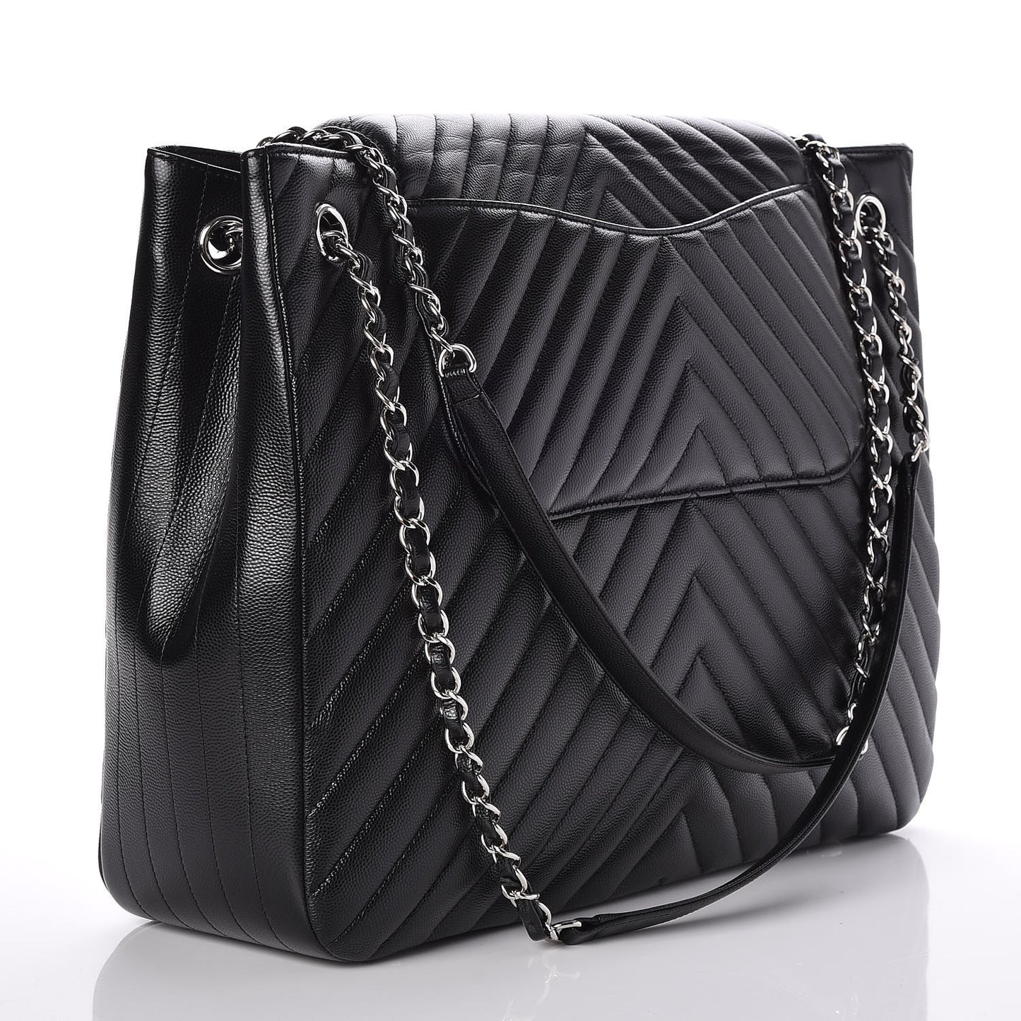 Caviar Chevron Quilted Flap Tote Black