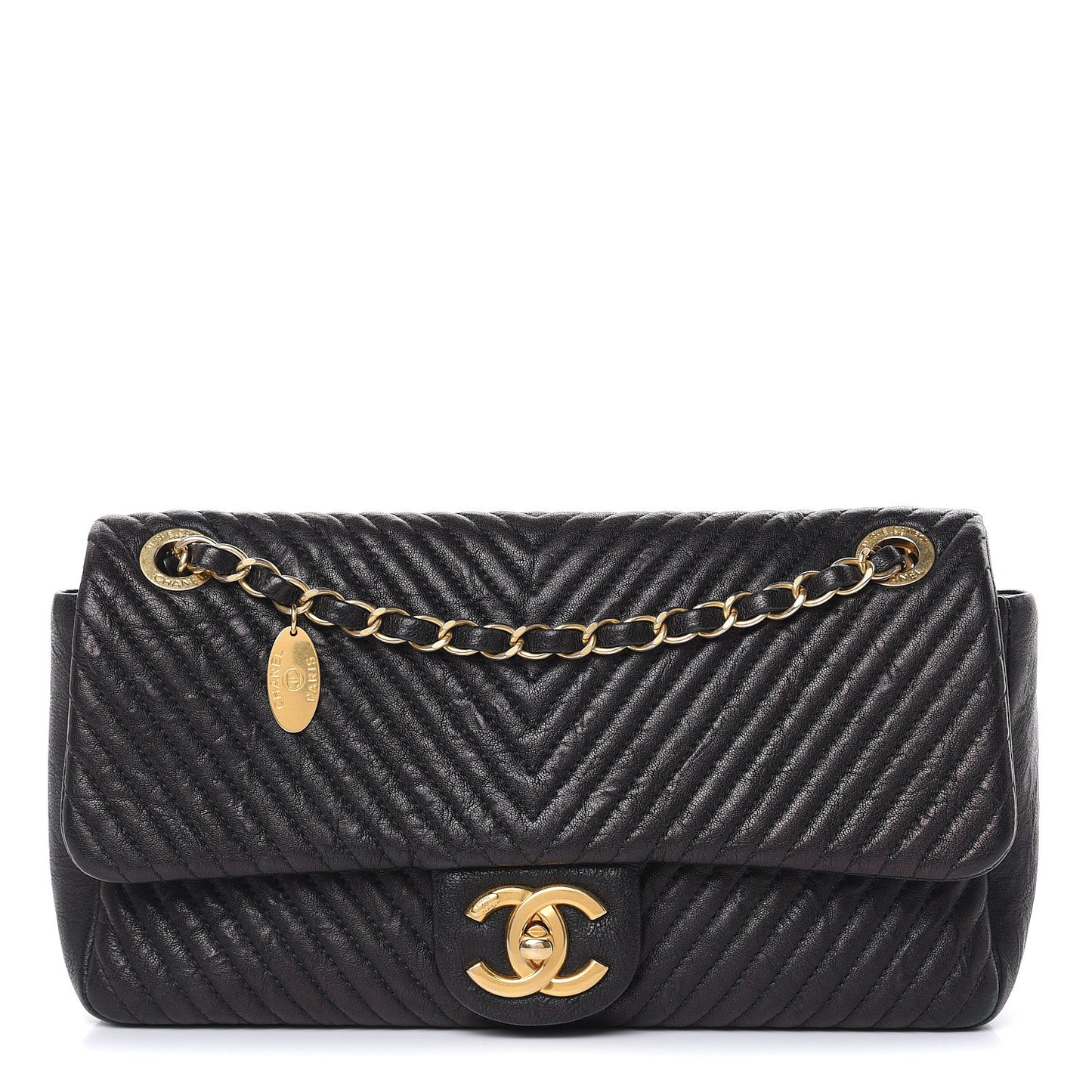 Calfskin Chevron Quilted Medium Surpique Flap Black
