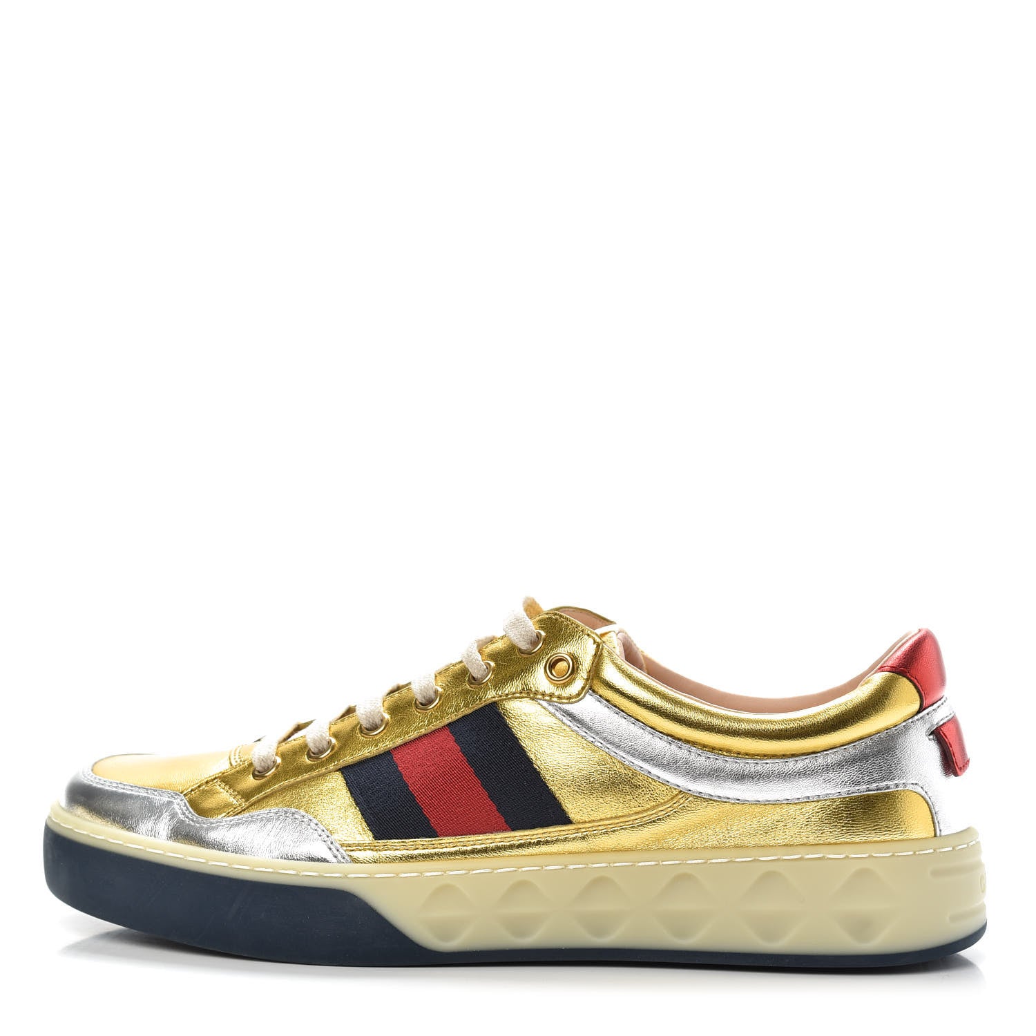 Gucci Metallic Nappa Web Mens Low Top Sneakers 7 Argento Oro Vecchio 1 of 9